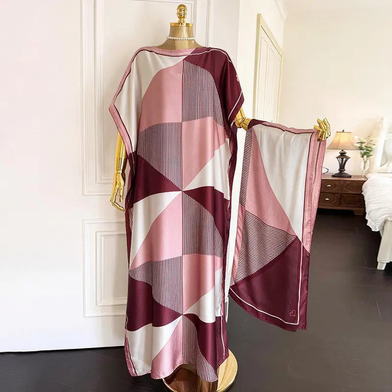 Laruda-Original Vibe Women's Fashion 2-Piece Pink Leopard Print Long Moo Moo Robe Set - Lightweight Woven Fabric Dress, Exotic Scarf Headband, Cute 2-Piece Sets, Sun Protection Beach Wear, Clothes for Women
