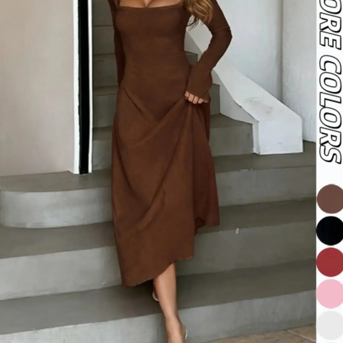 Women's Plain Lace Up Tie Back Flounce Sleeve Dress, 1 Count Chic Elegant Aesthetic Fit Square Neck Long Sleeve A Line Formal Wear Wedding Outfit Dress for Party Holiday Wedding Guest, Ladies Spring&Fall Clothes