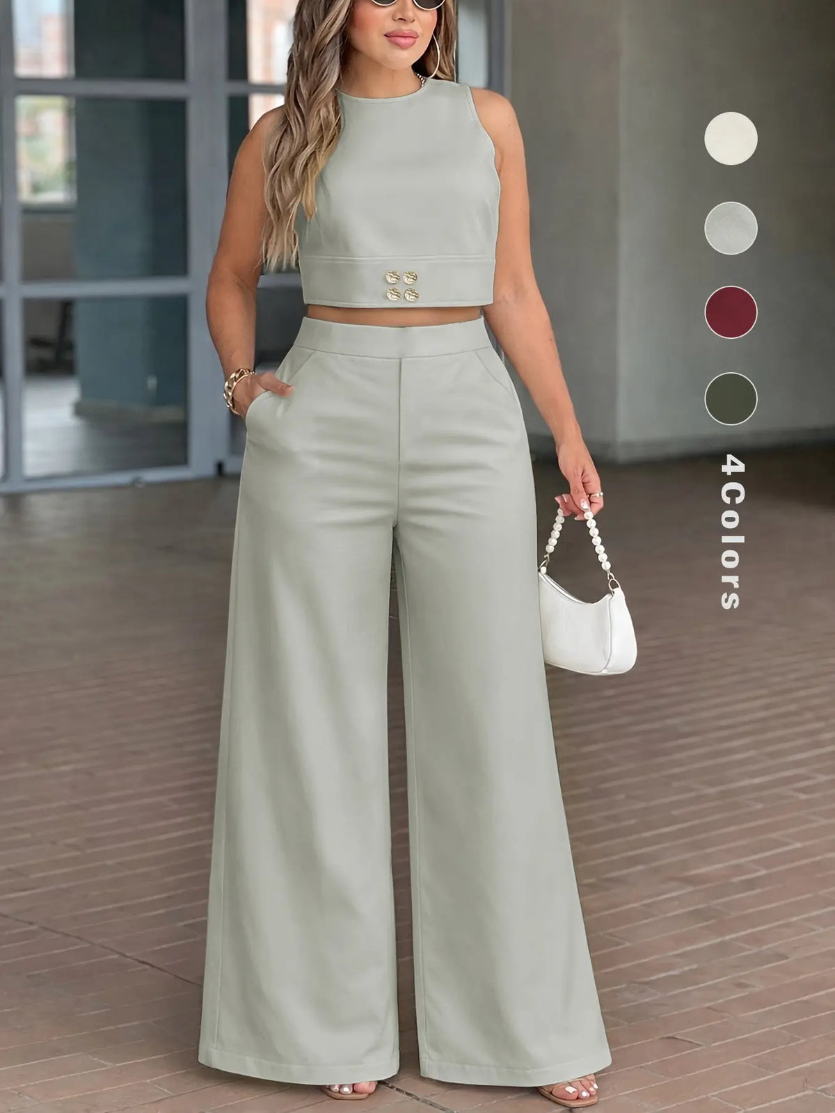 Spring Summer Womenswear Clothes Two Piece Set for Women, Cropped Sleeveless Top and High Waist Wide Leg Pants with, Chic Casual Outfit for Vacation, Brunch and Day to Night Wear, Trousers Set