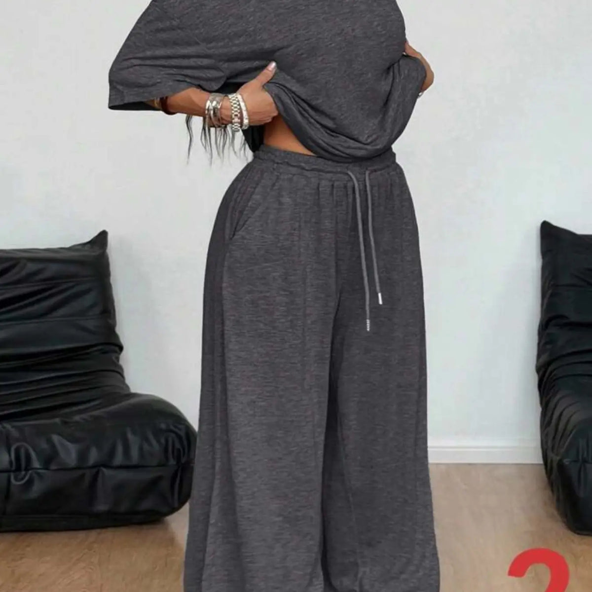 Plus Size Women's Casual Baggy Fit Tee & Pants Set, Comfortable Fabric, Asymmetrical Neckline Top & Wide-Leg Pants, Ideal for Daily Wear & Outdoor Activities, Everyday