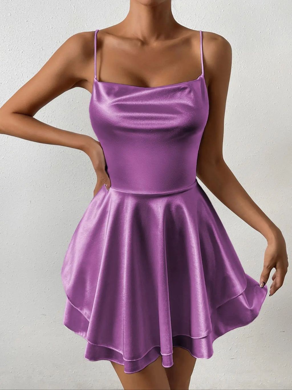 Women's Plain Lace Up Backless Tiered Layer Stretchy Satin Cami Dress, Summer Clothes Women, Womenswear, Elegant Chic Cowl Neck Sleeveless A Line Short Dress for Party Holiday Wedding Guest Evening Formal Wear, Date Night Dresses, Dresses for Women
