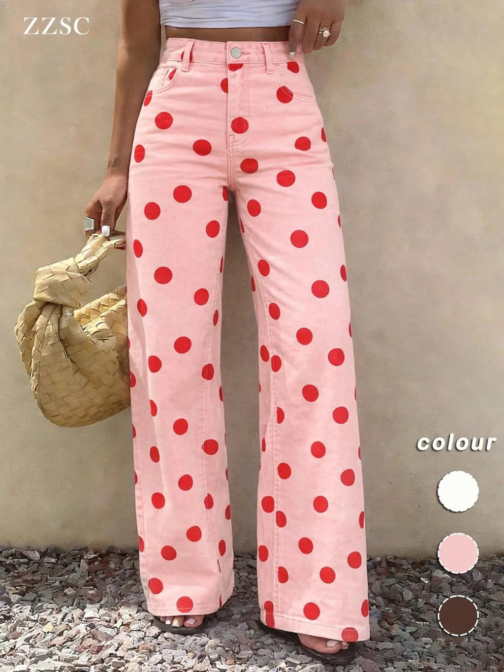 Spring Summer High-Waisted Elastic Women's Jeans, Casual Wide Leg Pants, Polka Dot Design, Regular Fit