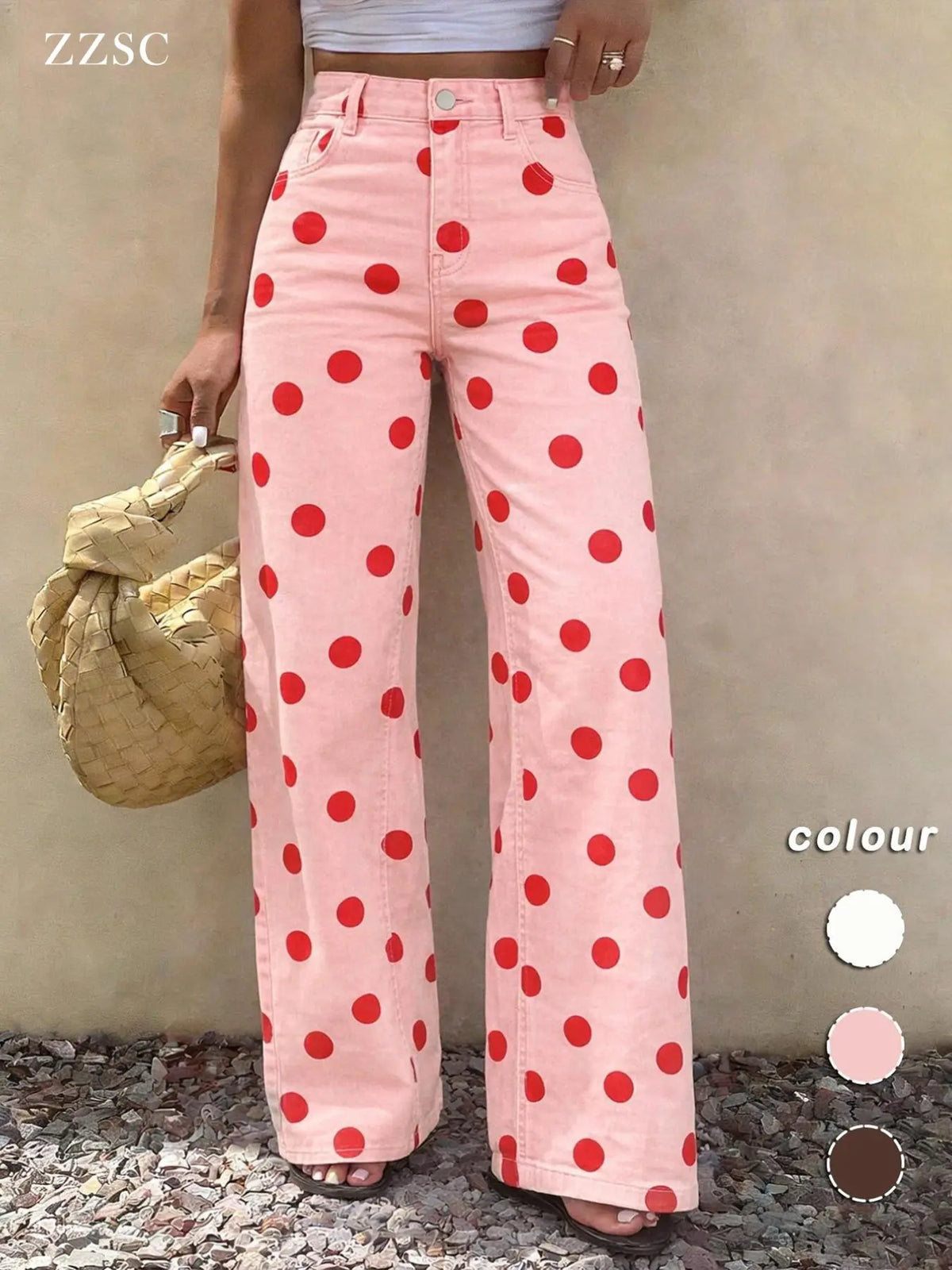 Spring Summer High-Waisted Elastic Women's Jeans, Casual Wide Leg Pants, Polka Dot Design, Regular Fit