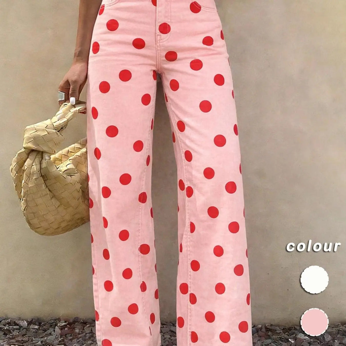 Spring Summer High-Waisted Elastic Women's Jeans, Casual Wide Leg Pants, Polka Dot Design, Regular Fit