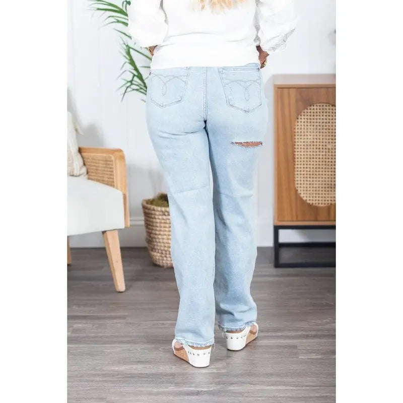 Women's Judy Blue Christina Back-Destroy Denim High-Waisted Jeans - Polyester, Spandex Blend, Relaxed Straight Fit, Pockets, Flattering, Large Body, Light Blue Ripped Knee, Odd Sizes Bottoms