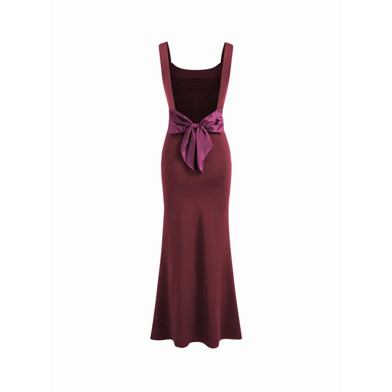 Cider Scoop Neckline Solid Bowknot Backless Maxi Dress Minimalist High Stretch Womenswear