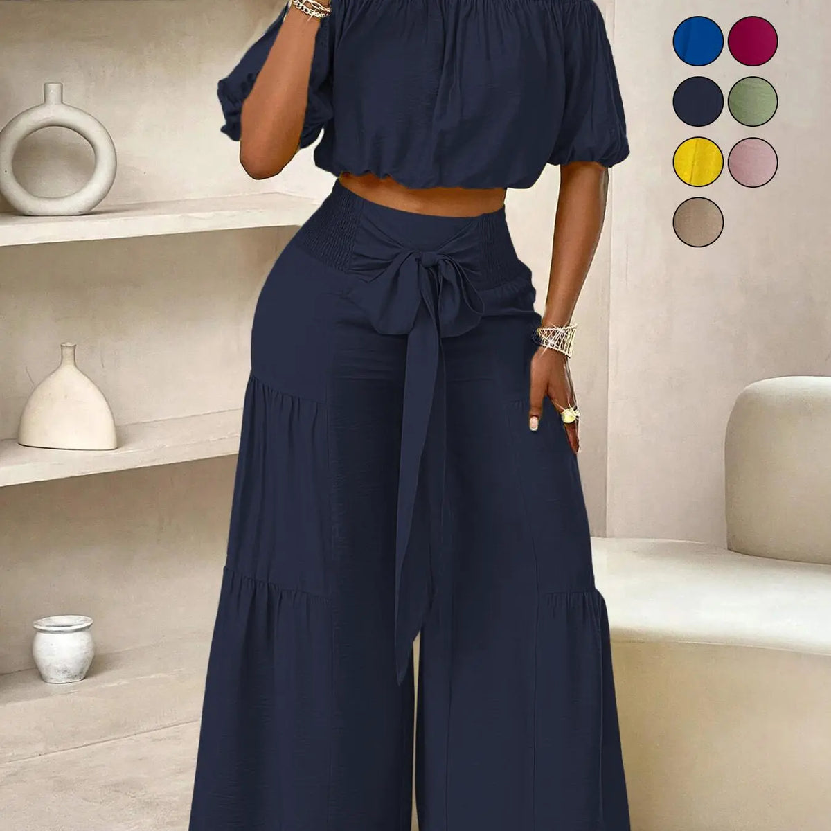 Summer Beach Vacation Bow Shoulderless Round Neck Shirt Wide Leg Pants Set, Casual Loose-Fitting, Women's Fashion, Womenswear