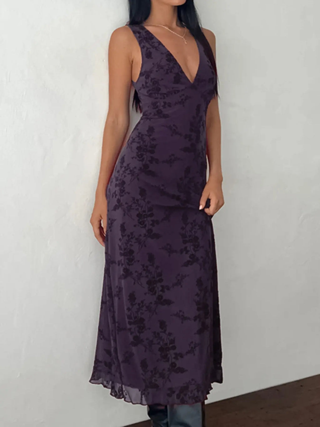 Women's Floral Print Deep V Neck A Line Dress, Elegant Aesthetic Sleeveless Plunge Neck Bodycon Long Dress, Ladies Clothes for Party Holiday Wedding Guest, Dresses