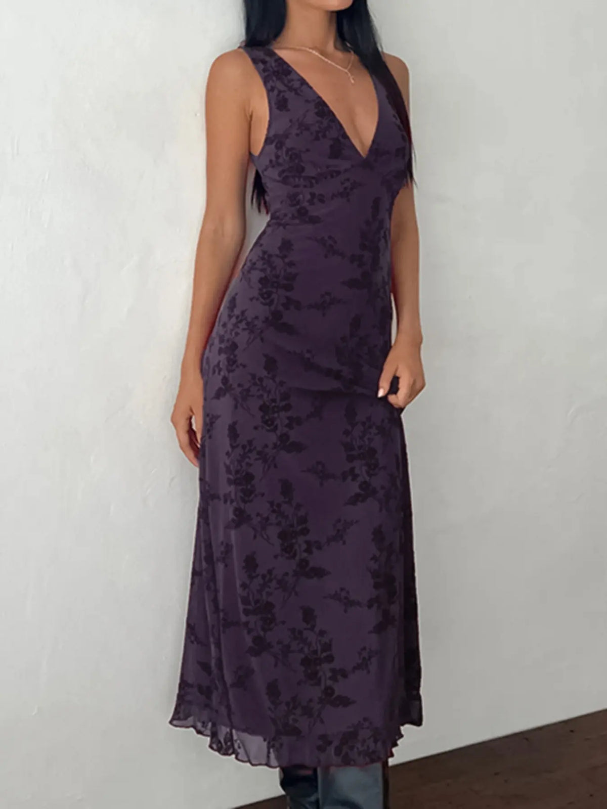 Women's Floral Print Deep V Neck A Line Dress, Elegant Aesthetic Sleeveless Plunge Neck Bodycon Long Dress, Ladies Clothes for Party Holiday Wedding Guest, Dresses