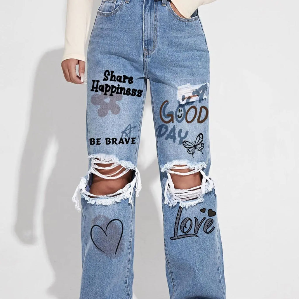 Women's Plain Ripped Jeans, Casual Comfy Pocket Design Frayed Edge Design High Waist Loose Fit Oversized Jeans for Daily Wear, Ladies Bottoms for All Seasons, Baggy Pants, Everyday