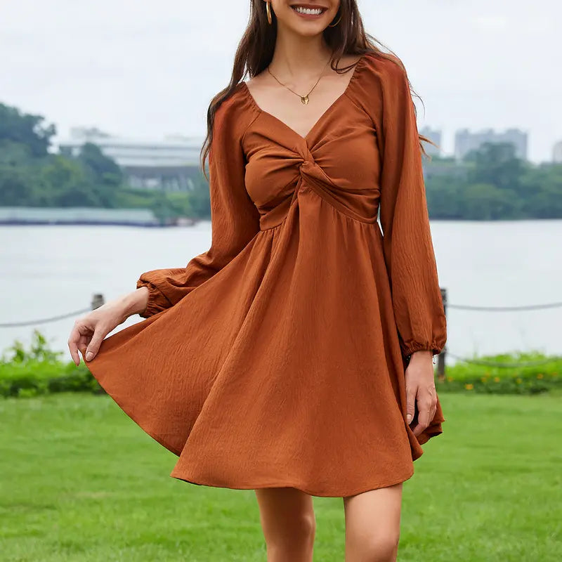 Chicovar Women's Fall Sweetheart Neckline Knot Front Flowy Mini Chiffon Dresses , Lantern Sleeve, A-Line Cut, No Scratchy, No Sheer, Westernfashion, Family Photos, Church, Party, Casual, or Daily Wear, Sohochic Long Sleeve Womenswear