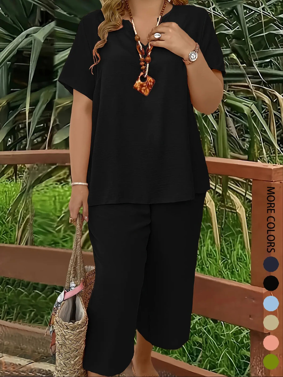 Plus Size Elegant Minimalist Women's Solid Color Short Sleeve Fashion Top & Casual Wide Leg Pants Set for Summer, Lounge Pants Set, Everyday Comfortable & Stylish, Lady Womenswear, Style, Fit, Clothes, Fashion Clothing Set