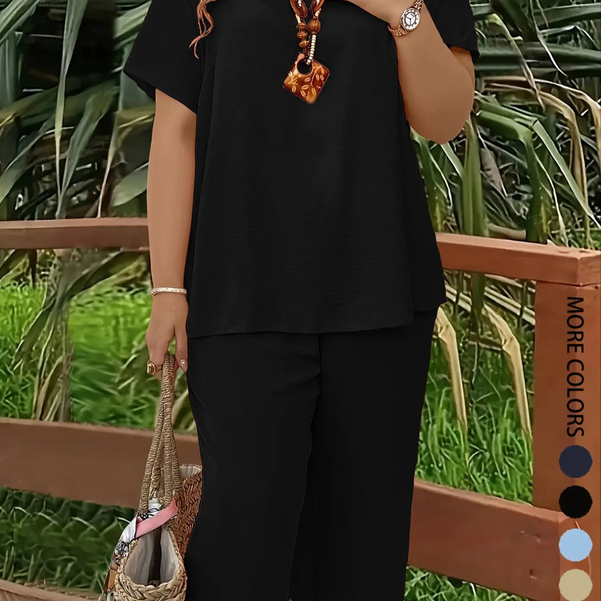 Plus Size Elegant Minimalist Women's Solid Color Short Sleeve Fashion Top & Casual Wide Leg Pants Set for Summer, Lounge Pants Set, Everyday Comfortable & Stylish, Lady Womenswear, Style, Fit, Clothes, Fashion Clothing Set