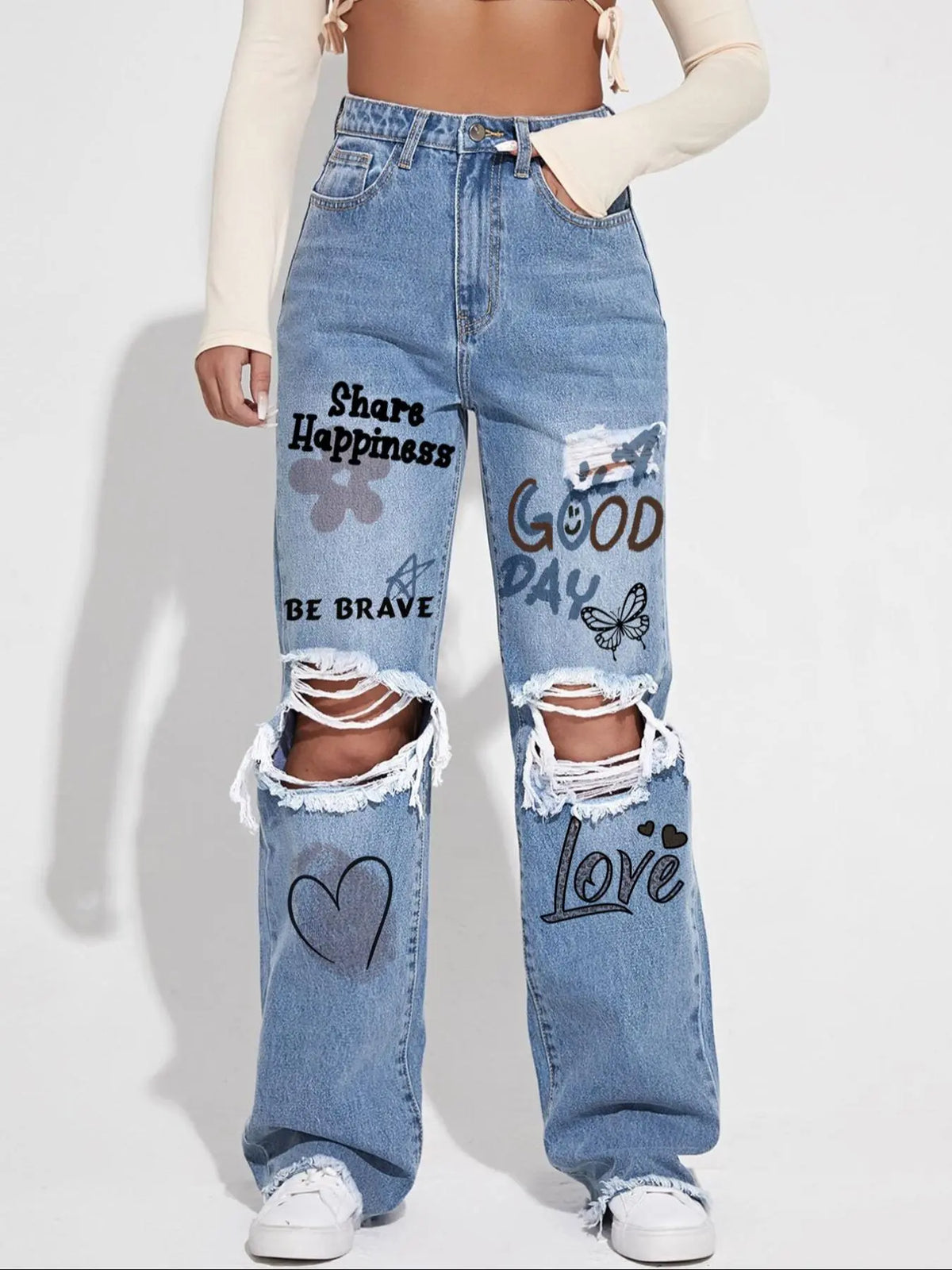Women's Plain Ripped Jeans, Casual Comfy Pocket Design Frayed Edge Design High Waist Loose Fit Oversized Jeans for Daily Wear, Ladies Bottoms for All Seasons, Baggy Pants, Everyday