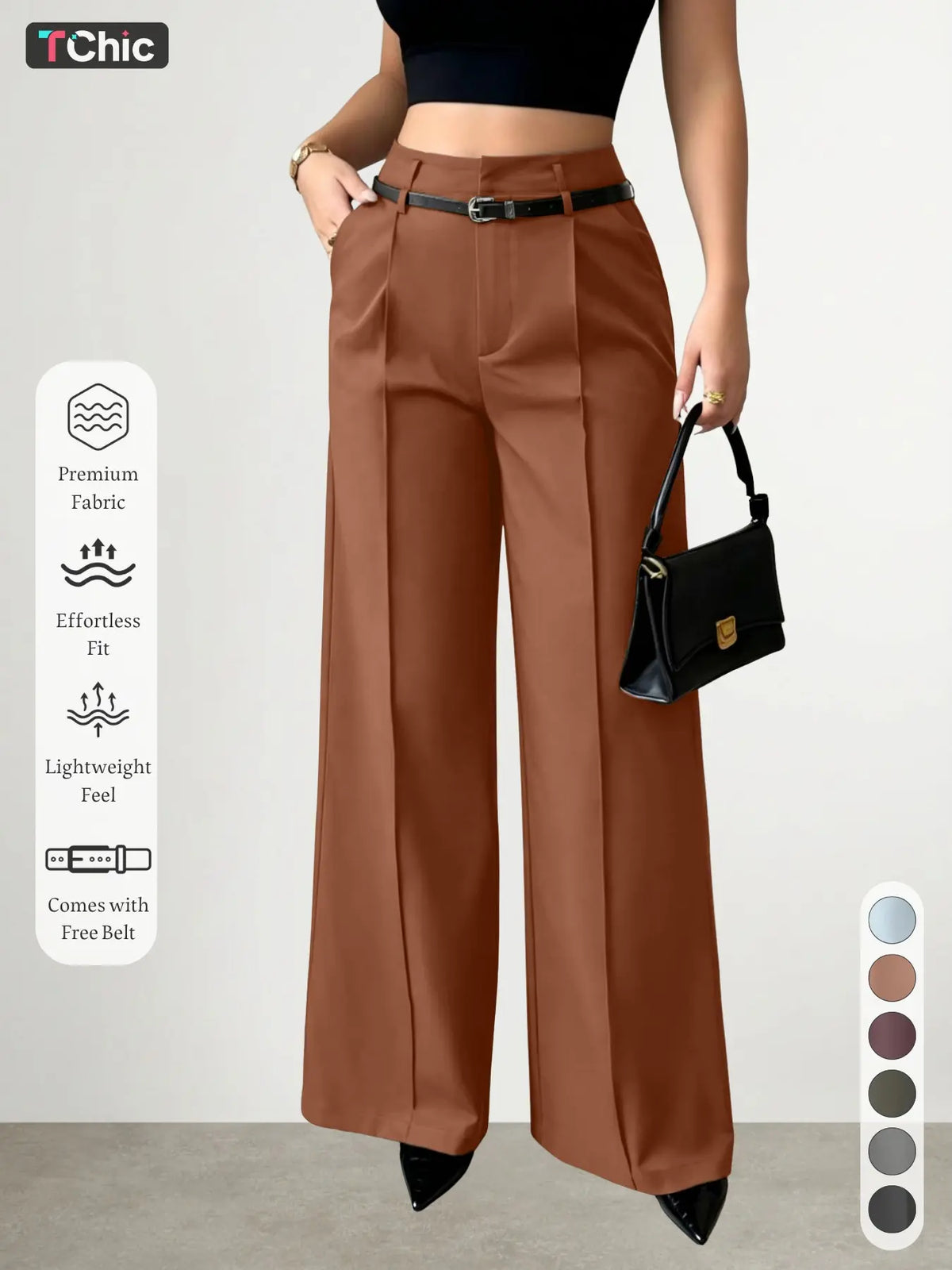 New Women's High-Waisted Wide-Leg Suit Pants Pleated Design with Belt, Casual Elegant Comfortable Fit Style for Daily Commute