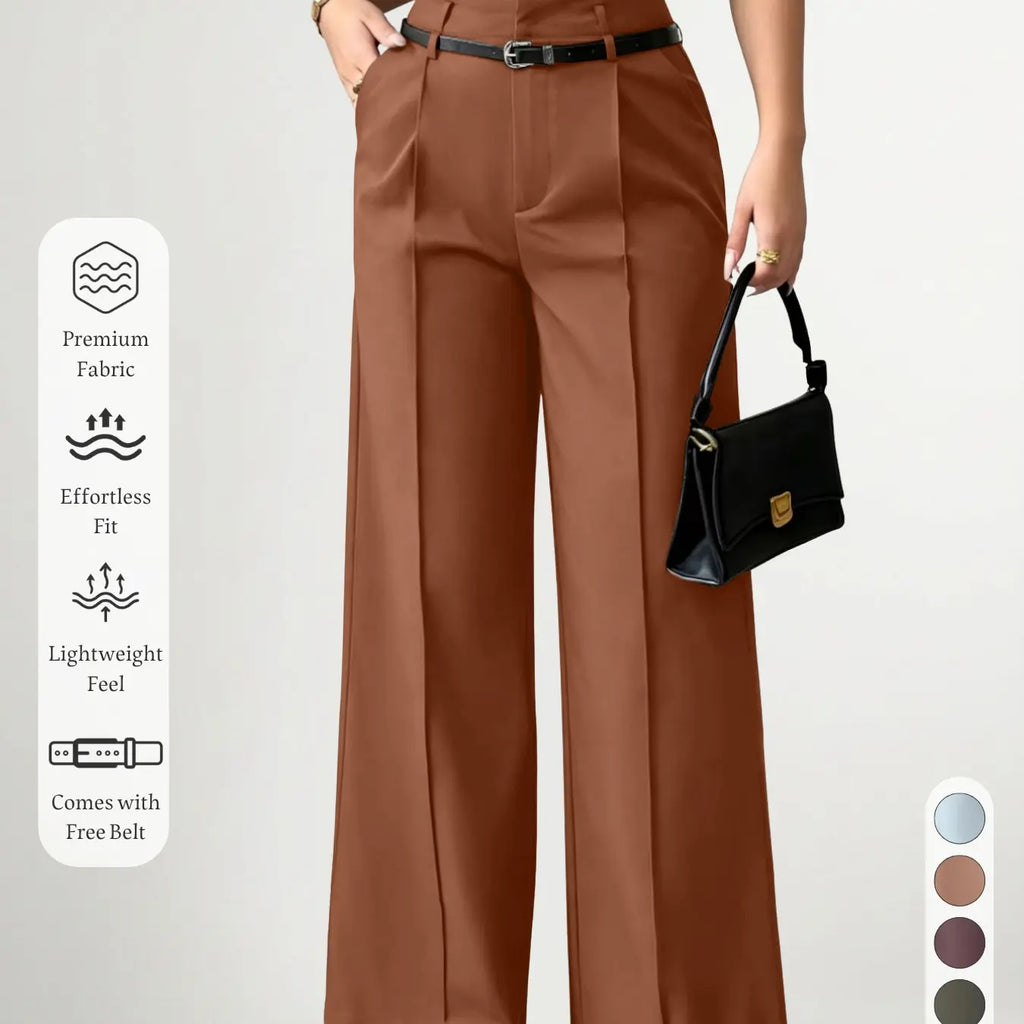 New Women's High-Waisted Wide-Leg Suit Pants Pleated Design with Belt, Casual Elegant Comfortable Fit Style for Daily Commute
