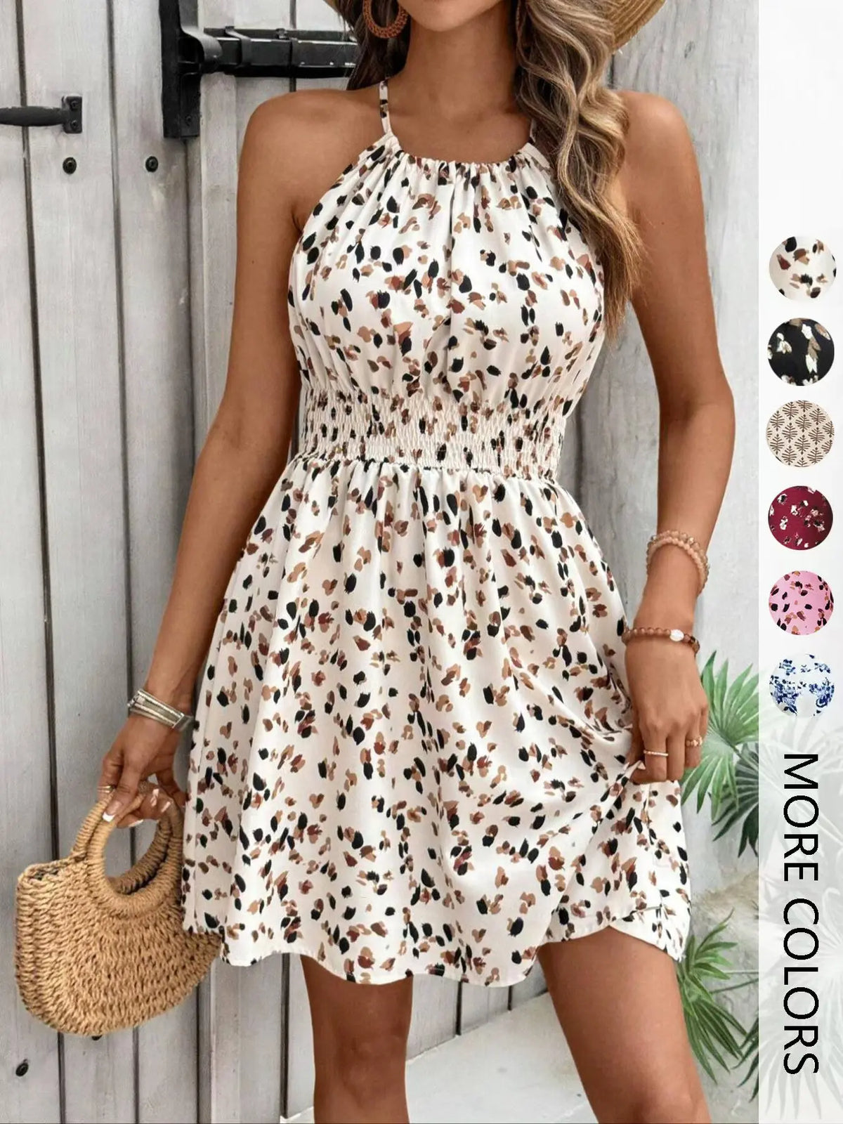 Women's All Over Print Halter Neck Dress, Bohemian Boho Fashion Chic Casual Sleeveless Short Dress for Beach Holiday Vacation, Ladies Summer Clothes