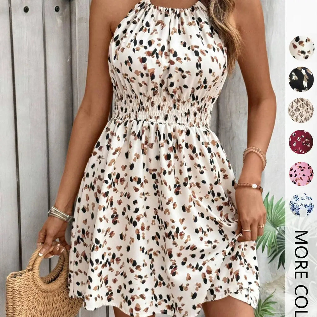 Women's All Over Print Halter Neck Dress, Bohemian Boho Fashion Chic Casual Sleeveless Short Dress for Beach Holiday Vacation, Ladies Summer Clothes