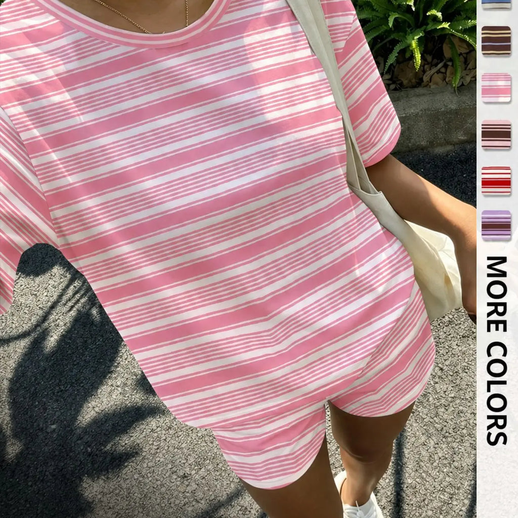 Women's Casual Striped Print Loose-Fit Set, Two Piece Outfit, Summer Wear, Vintage, American Retro Street Style, Perfect for Vacation and All-Day Home Wear, Fashion