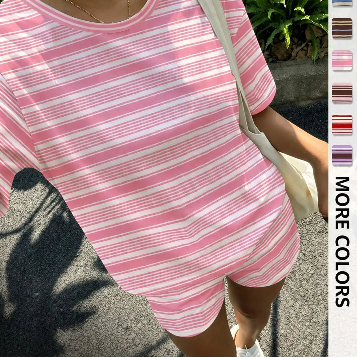 Women's Casual Striped Print Loose-Fit Set, Two Piece Outfit, Summer Wear, Vintage, American Retro Street Style, Perfect for Vacation and All-Day Home Wear, Fashion