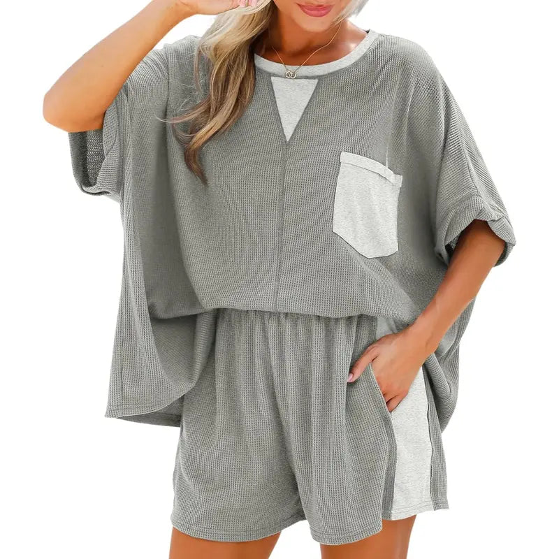 Imily Bela Womens Summer Waffle Knit 2 Piece Outfits Oversized T Shirt Casual Shorts Loungwear Short Sets