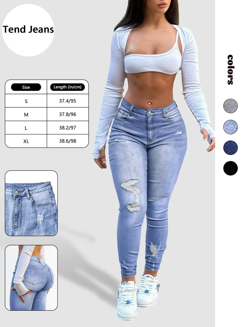 Women's Denim Jeans Ripped Jeans, Stretchy Jean, Knee Hole Jeans, Distressed Ripped Jeans, Fashionable and Comfortable, Fit