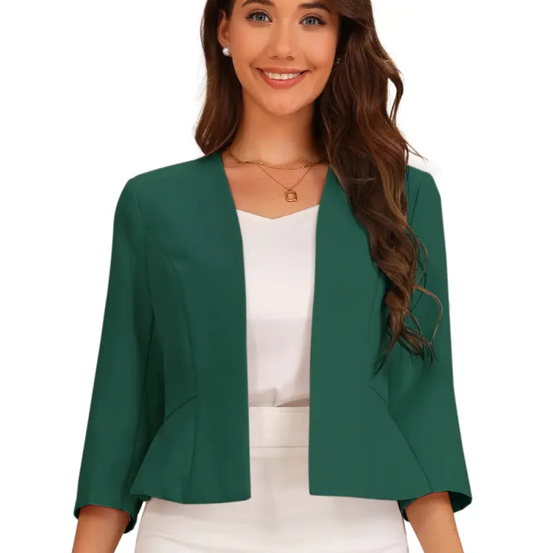 INSPIRE CHIC Elegant Blazer Women's Open Front Collarless 3/4 Sleeve Peplum Business Work Suit Jacket
