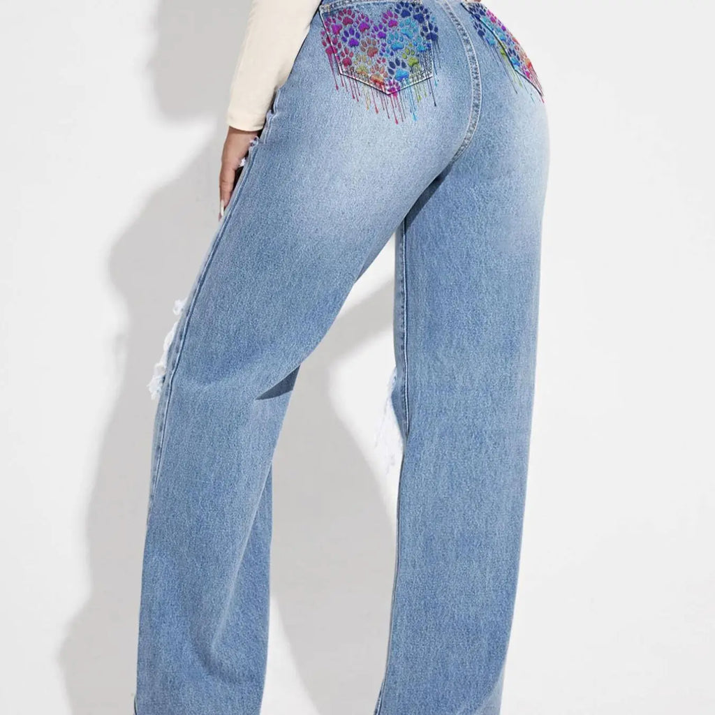 Women's Plain Ripped Jeans, Casual Comfy Pocket Design Frayed Edge Design High Waist Loose Fit Oversized Jeans for Daily Wear, Ladies Bottoms for All Seasons, Baggy Pants, Everyday