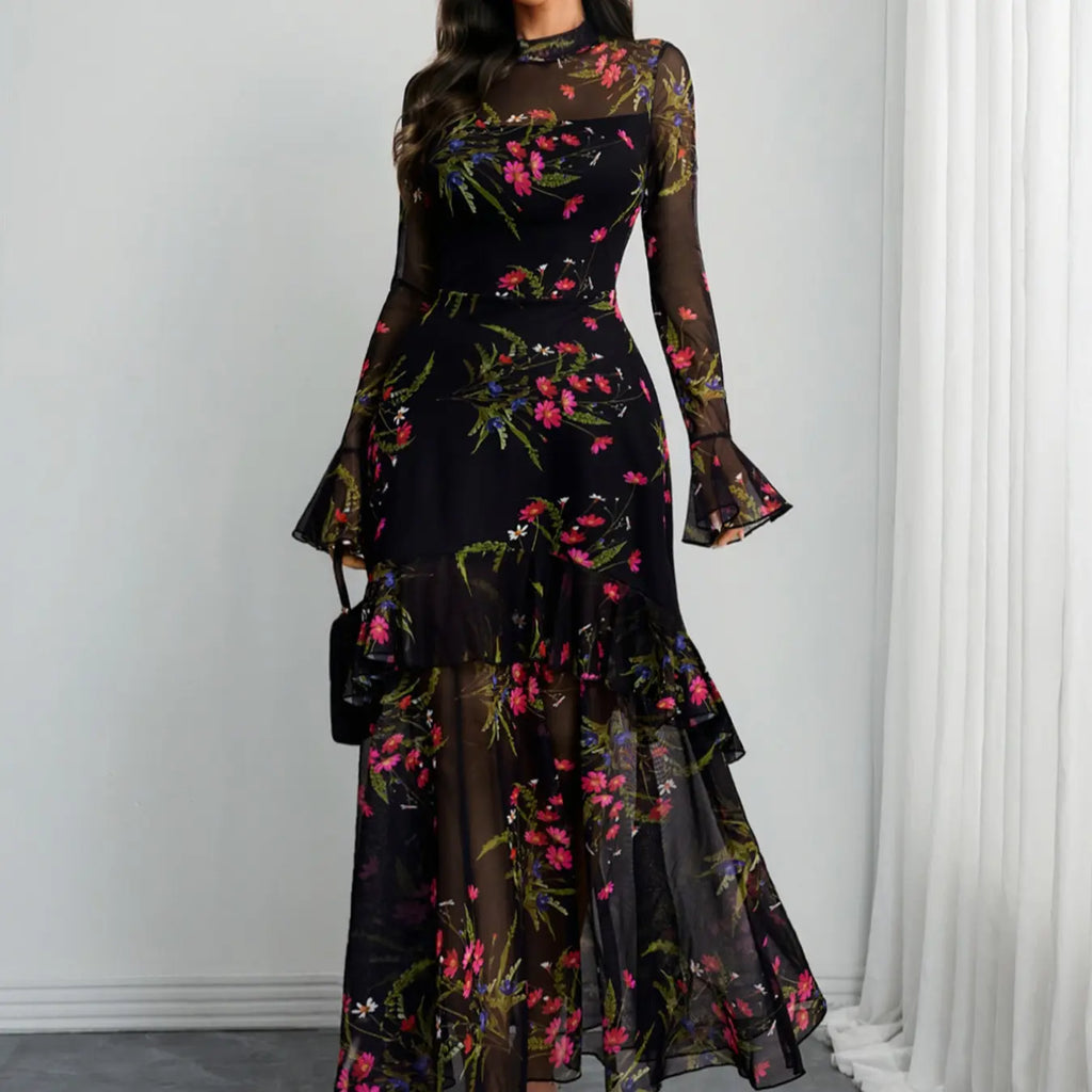 Women's Floral Print Chic Dress, Elegant Gothic Long Sleeve Dress for Party Holiday Wedding Guest, Ladies Clothes for All Seasons #GLOBAL PICKS