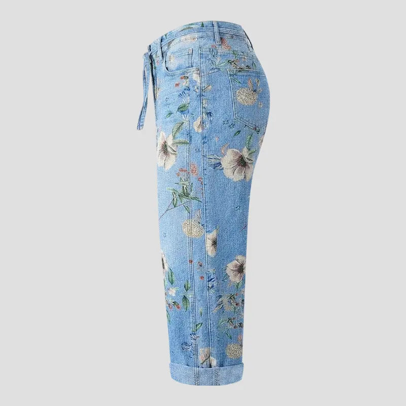 Flamingals Floral Pattern Drawstring Stitch Detail Mid Waist Barrel Leg Capri Jeans Womenswear Stretchy 20.5" Inseam
