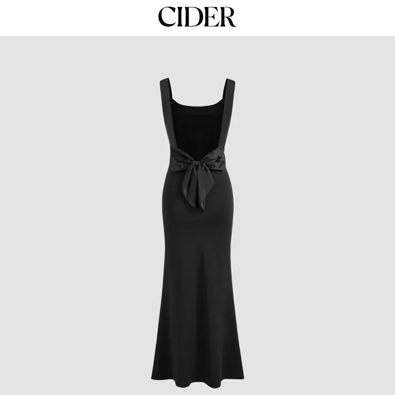 Cider Scoop Neckline Solid Bowknot Backless Maxi Dress Minimalist High Stretch Womenswear