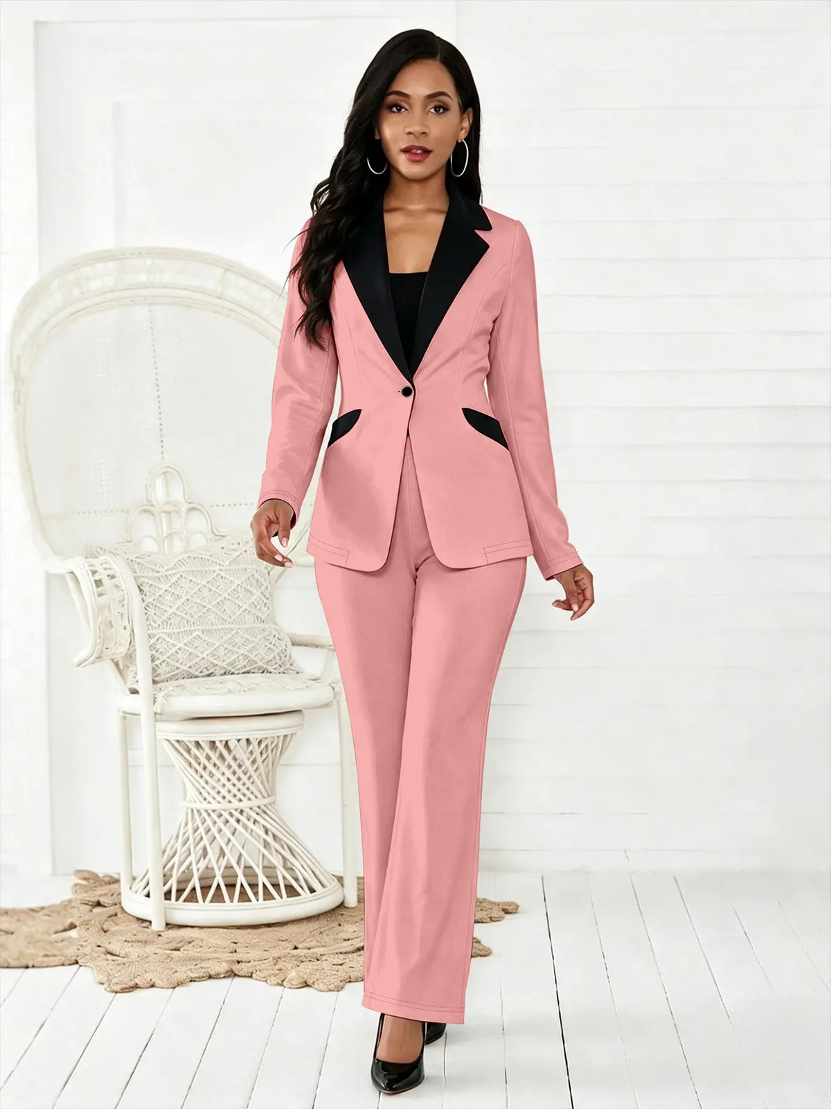 Women's Colorblock Blazer & Straight Leg Pants Set, Elegant Two-piece Set for Work Office Wear Essential Business Attire, Ladies' Suits for All Seasons