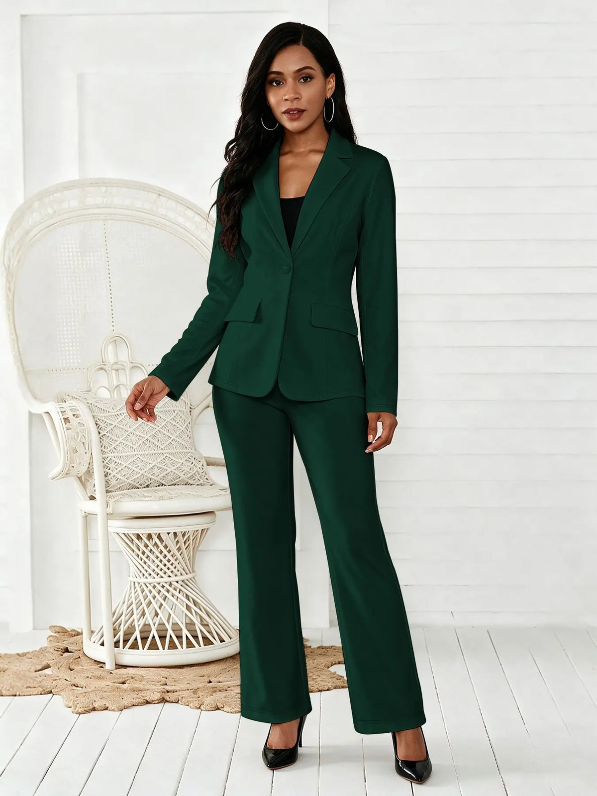 Women's Two-Piece Matching Set, Pants Set Outfit, Plain Button Lapel Fitted Blazer & Suit Pants, Business Casual Long Sleeve Outerwear & Trousers for Daily Outdoor Wear, All Seasons, Essential Business Attire, Work Casual Blazers, Corporate Attire