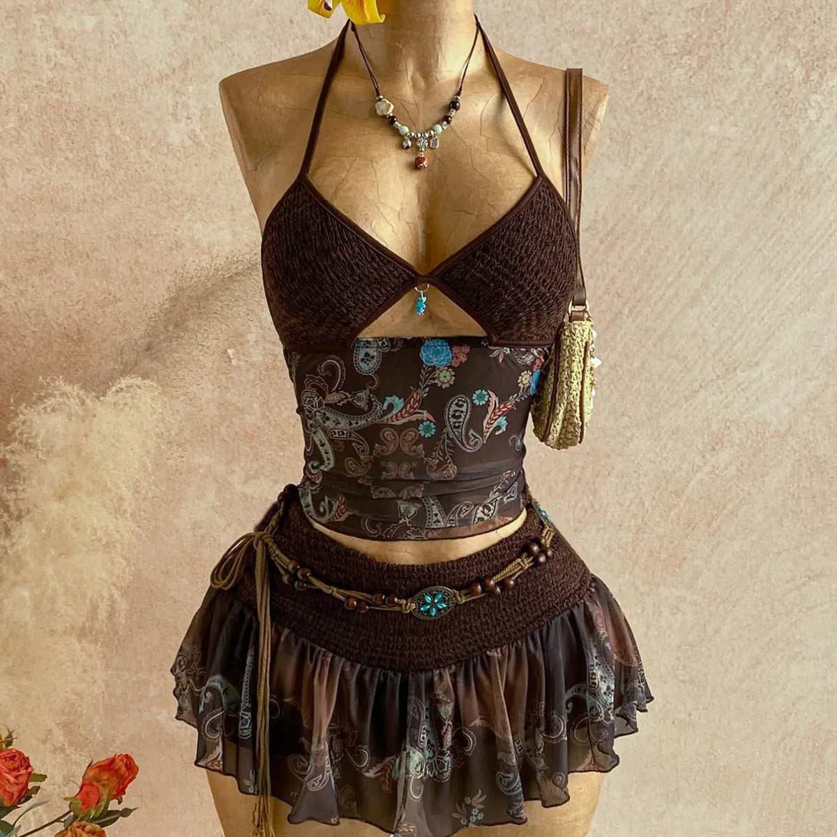 Women's Retro Vintage Paisley Print Crochet Two-Piece Set, Bohemian Boho Halter Crop Top & Ruffled Midi Skirt with Mesh Detail, Y2K Ethnic Style, for Casual, Vacation & Date, Spring/Summer/Fall