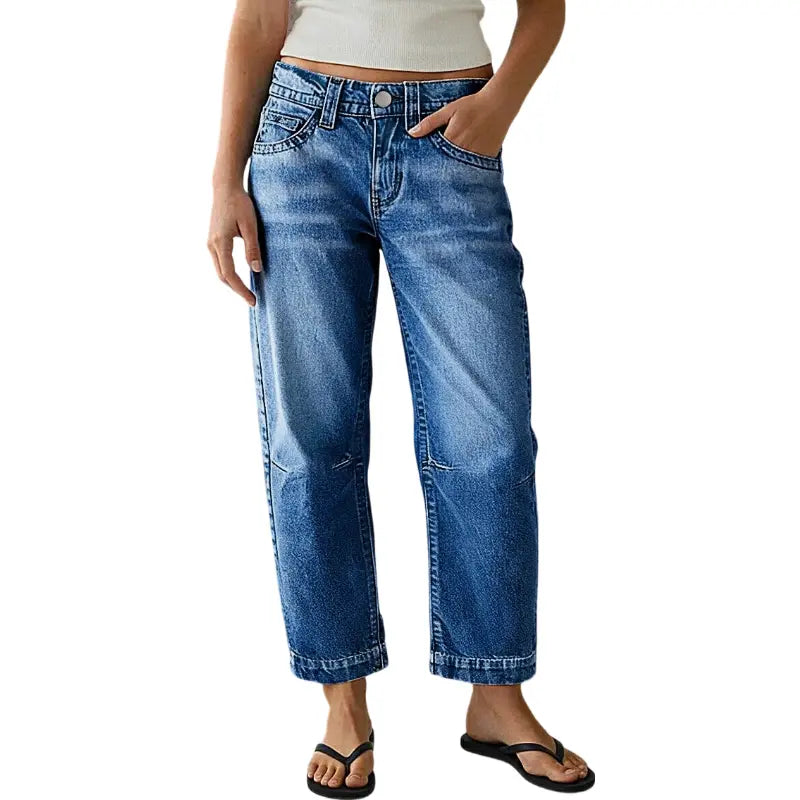 Flamingals Seaming Detail Mid Waist Straight Leg Crop Jeans Stretchy 25.6" Inseam Casual Fit