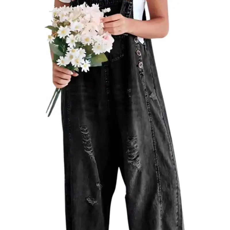 Ebossy Women's Minimalist Blue Loose Strappy Adjustable-Button Denim Coverall Bib Overalls - Ripped Wide Leg Baggy Jumpsuit, Casual Party Womenswear, Women's Clothing