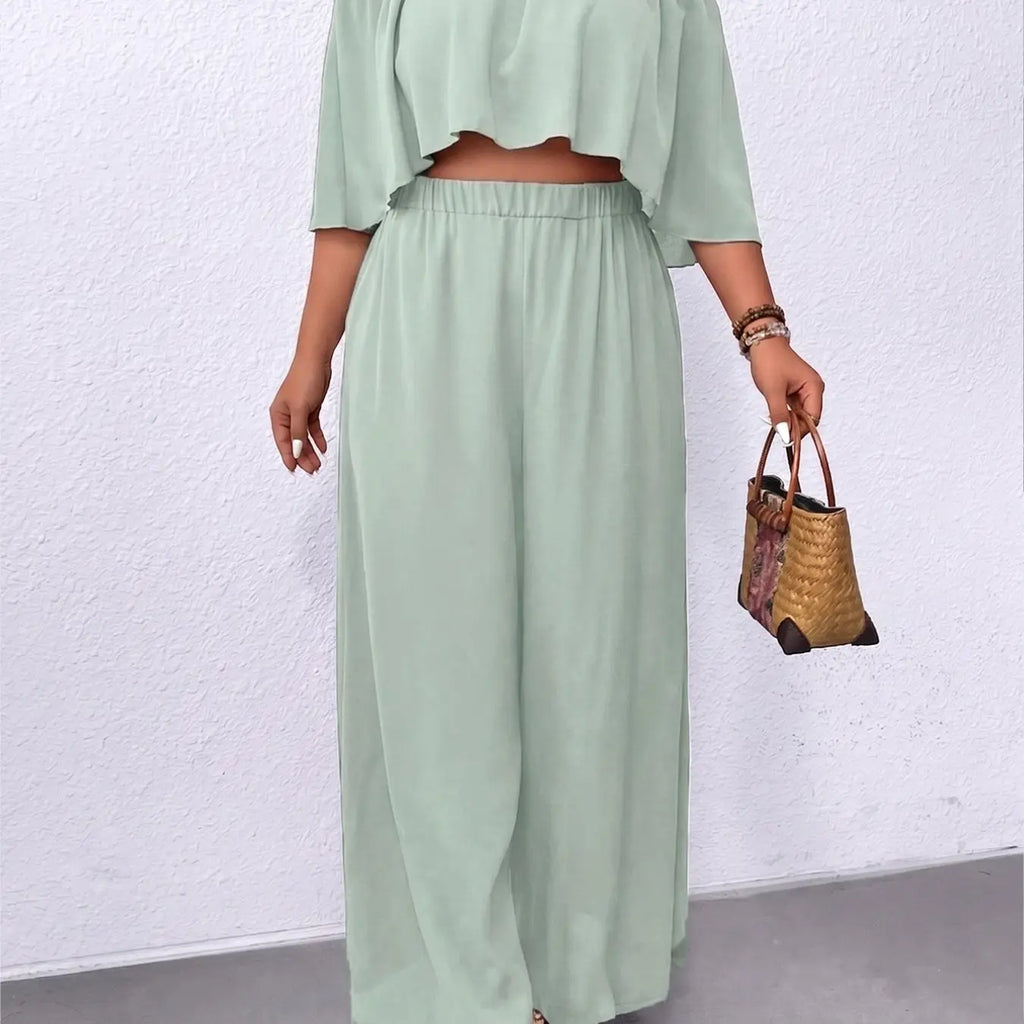 Women's Plus Size Two Piece Sets Off Shoulder Ruffle Crop Top High Waist Wide Leg Pants Matching Sets Solid Black Flowy Casual Summer Vacation Outfits Resort Wear Elegant Boho Co-ord Spring Womenswear Clothes Elegance
