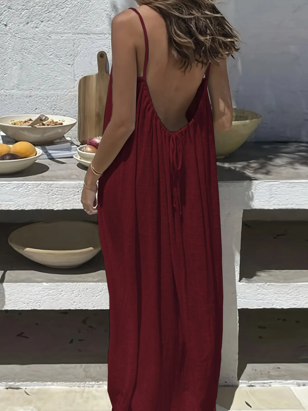 Women's Solid Color Backless Cami Dress, Casual Sleeveless Dress for Summer, Ladies Clothes for Beach Holiday Vacation, Date Night Dresses