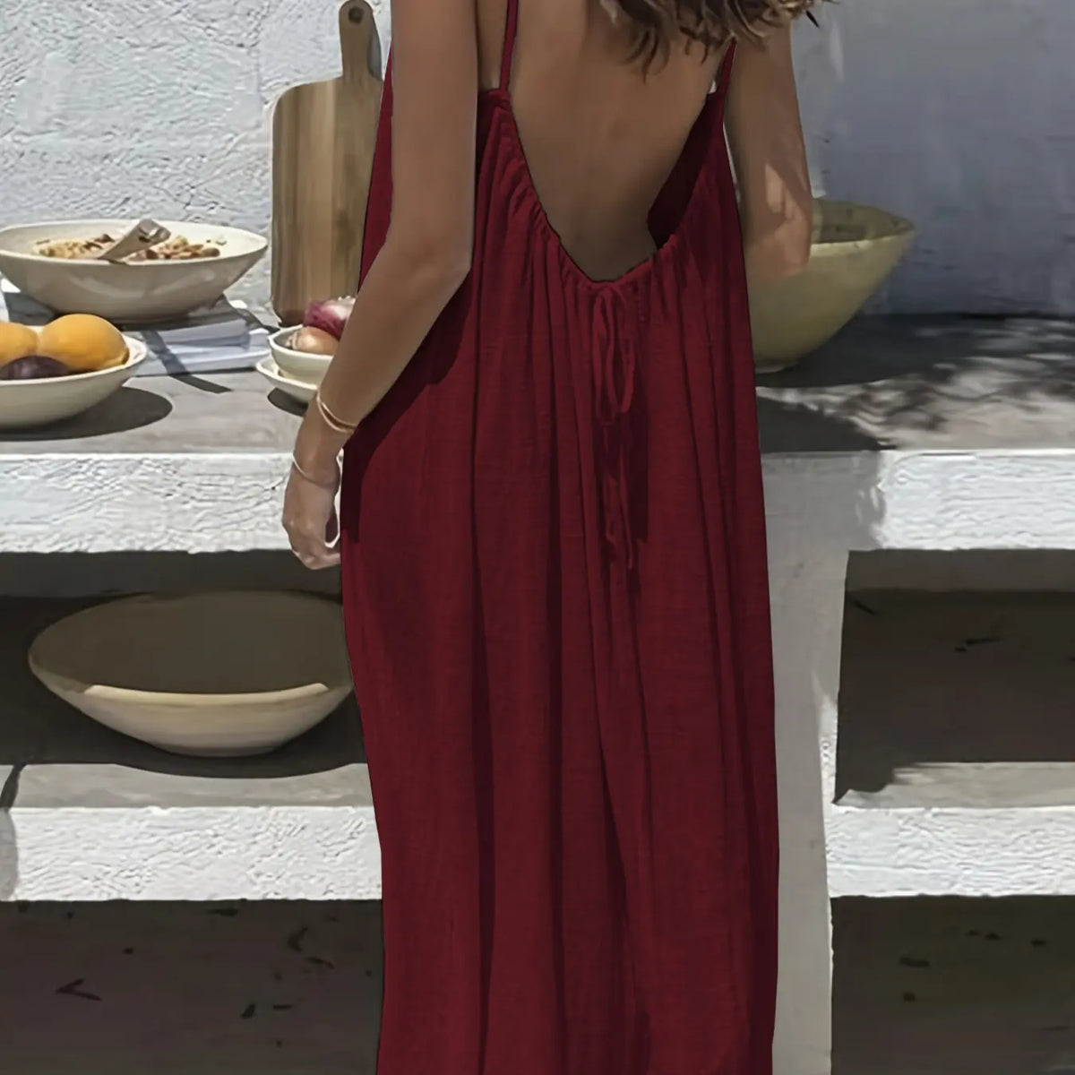 Women's Solid Color Backless Cami Dress, Casual Sleeveless Dress for Summer, Ladies Clothes for Beach Holiday Vacation, Date Night Dresses