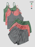 Six-Piece Set Women's Basic Plain Fitted Ribbed Shorts Set, Casual Feminine Soft Spaghetti Strap Cami Top & Elastic Waist Shorts Set, Summer Clothes, Cute Summer Outfit for Outdoor Holiday