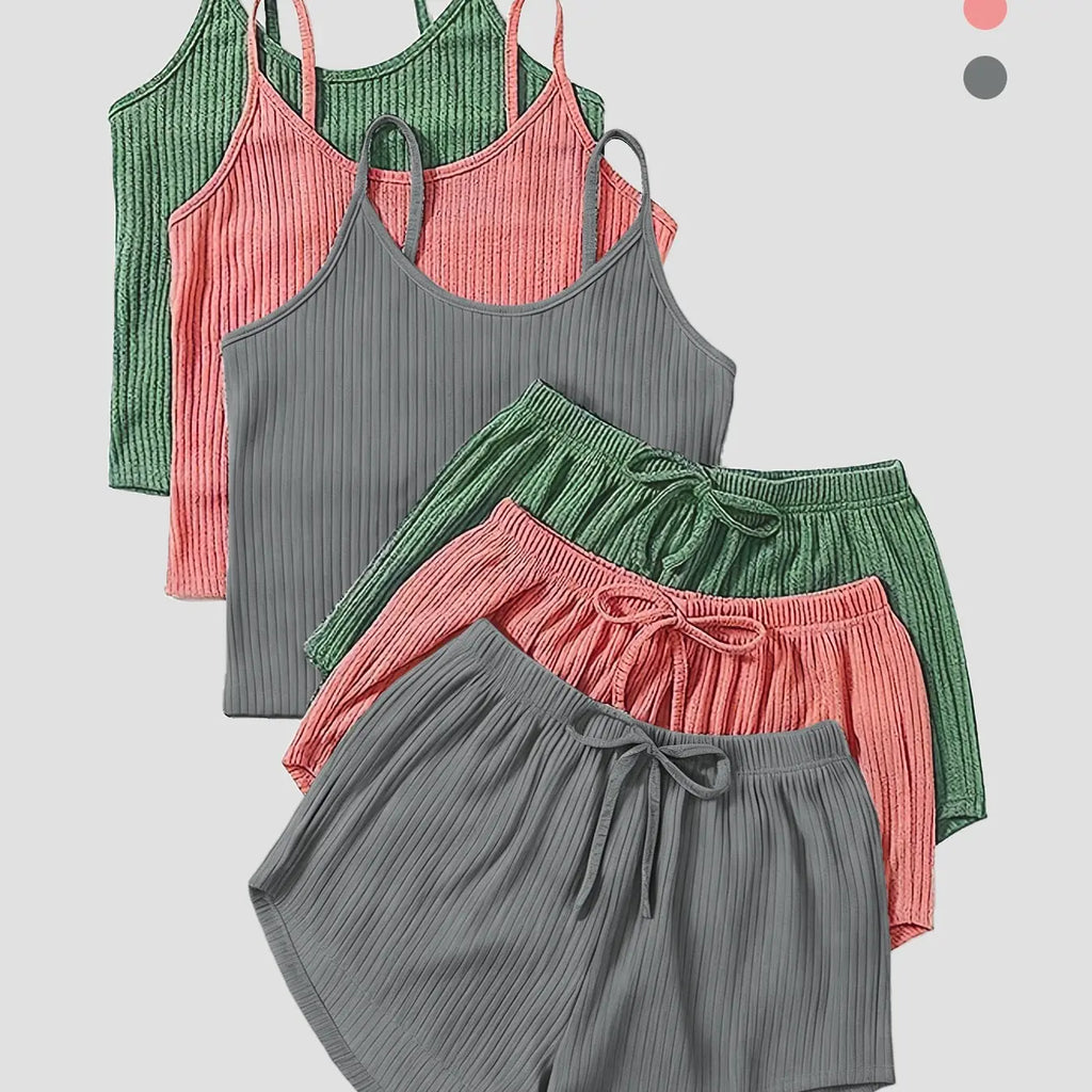 Six-Piece Set Women's Basic Plain Fitted Ribbed Shorts Set, Casual Feminine Soft Spaghetti Strap Cami Top & Elastic Waist Shorts Set, Summer Clothes, Cute Summer Outfit for Outdoor Holiday