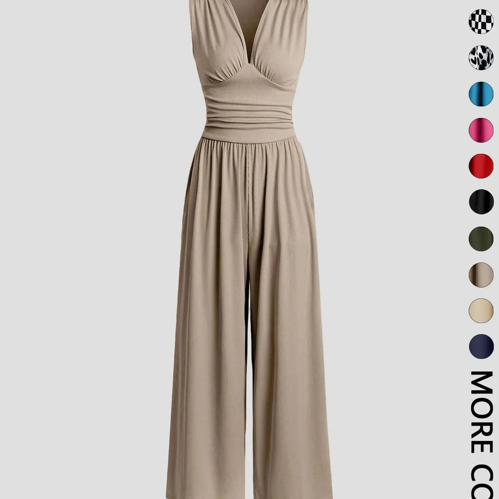 Women's Plain Ruched Deep V Neck Fashion Jumpsuit, Elegant Sleeveless Wide Leg Jumpsuit for Summer, Ladies Clothes for Beach Holiday Vacation
