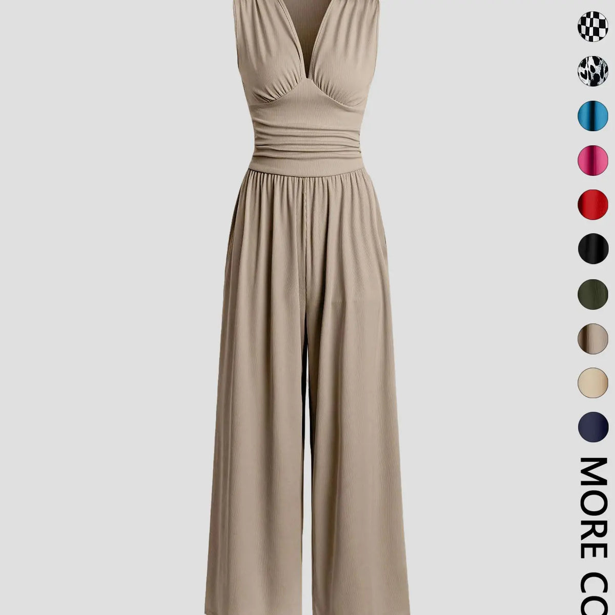 Women's Plain Ruched Deep V Neck Fashion Jumpsuit, Elegant Sleeveless Wide Leg Jumpsuit for Summer, Ladies Clothes for Beach Holiday Vacation