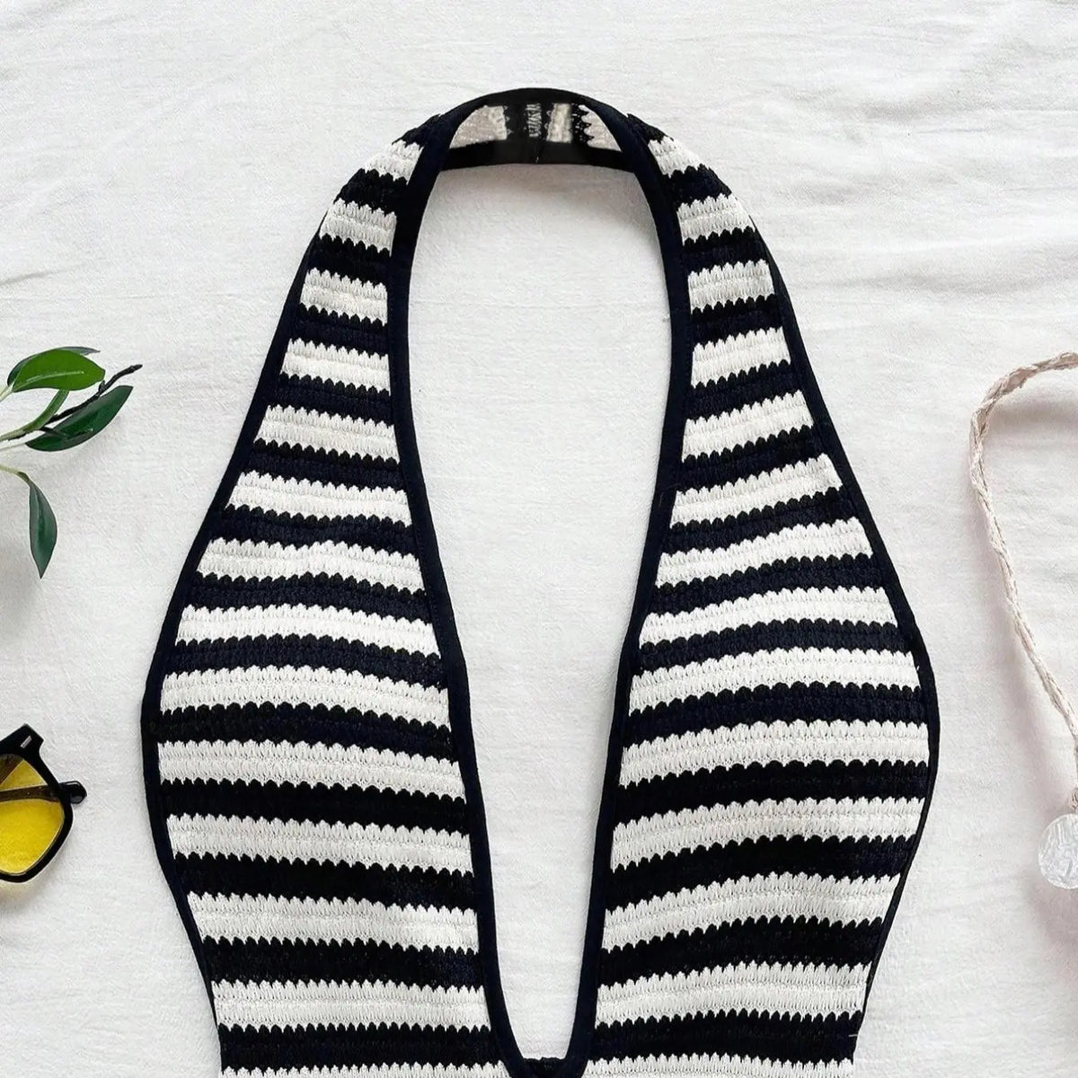 European Style Chic Halter Neck Deep V Backless Romper, Women Casual Striped Bodycon Romper for Summer Beach Vacation, Streetwear