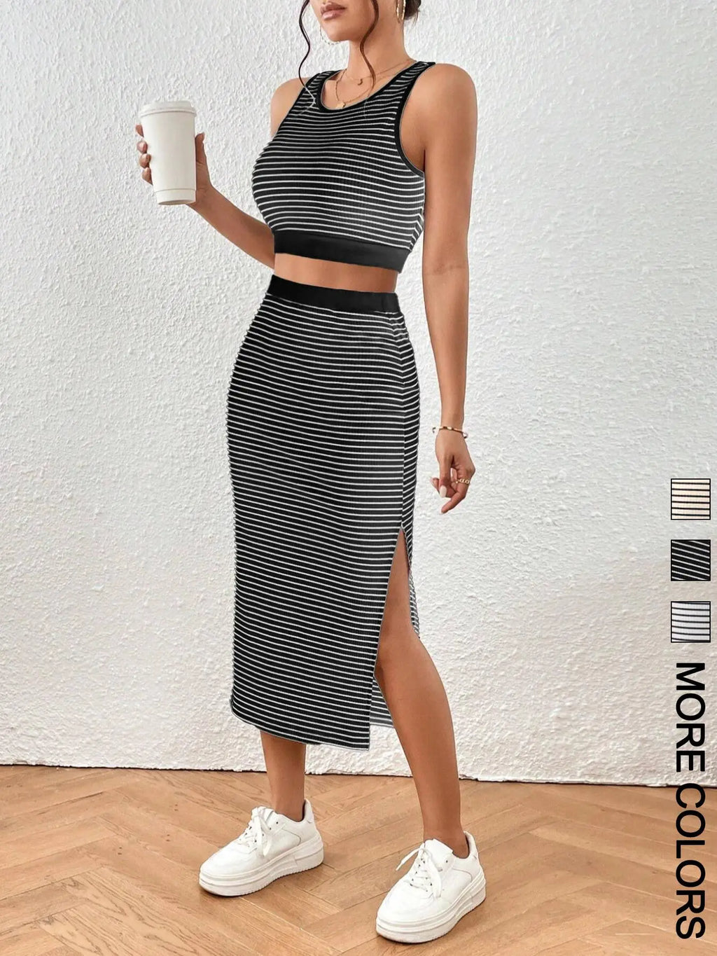 Women's Striped Print Sleeveless Crop Top & Skirt Two-Piece Set Outfit, Casual Fashion Cozy Top & Skirt for Daily Outdoor Wear, Ladies Clothes for All Seasons