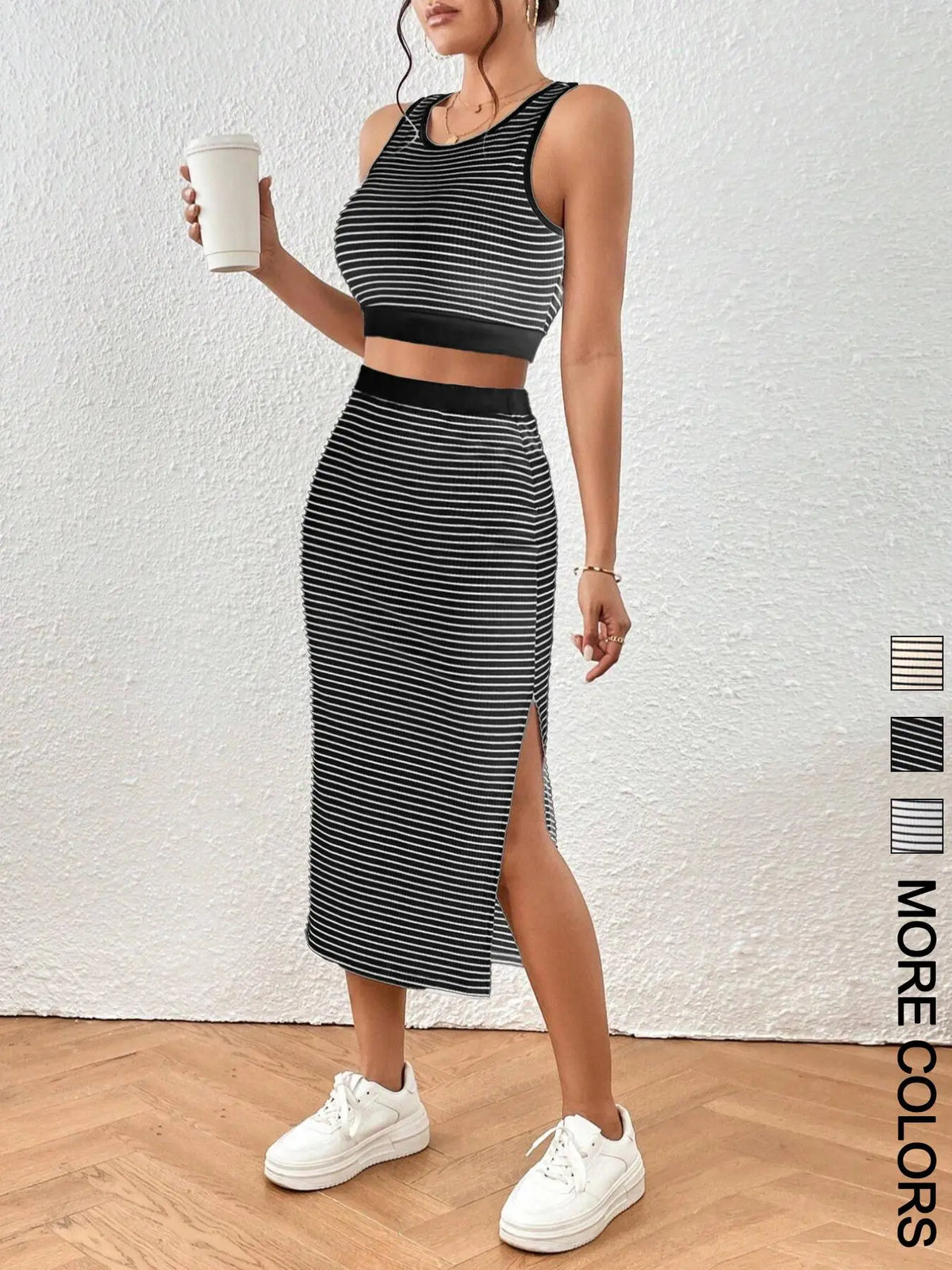 Women's Striped Print Sleeveless Crop Top & Skirt Two-Piece Set Outfit, Casual Fashion Cozy Top & Skirt for Daily Outdoor Wear, Ladies Clothes for All Seasons