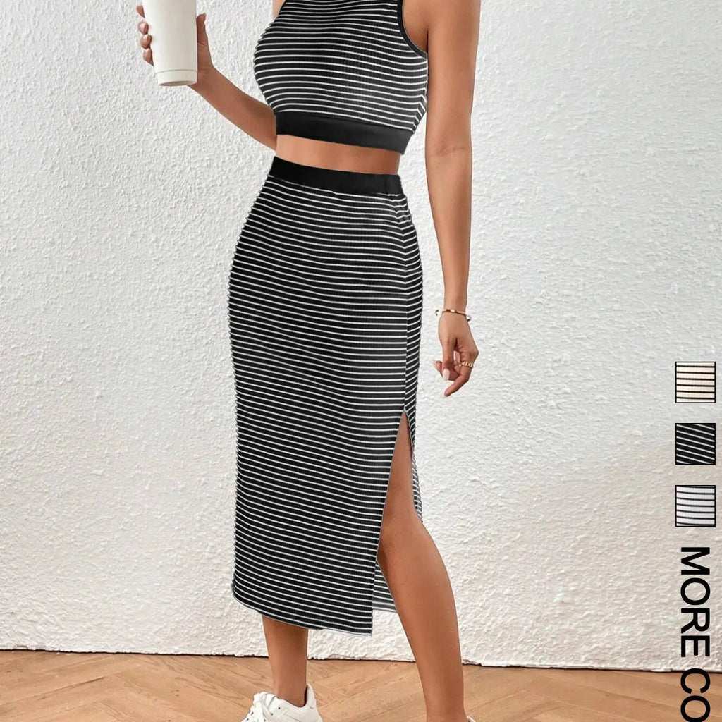 Women's Striped Print Sleeveless Crop Top & Skirt Two-Piece Set Outfit, Casual Fashion Cozy Top & Skirt for Daily Outdoor Wear, Ladies Clothes for All Seasons