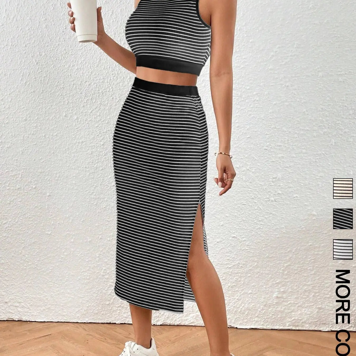 Women's Striped Print Sleeveless Crop Top & Skirt Two-Piece Set Outfit, Casual Fashion Cozy Top & Skirt for Daily Outdoor Wear, Ladies Clothes for All Seasons