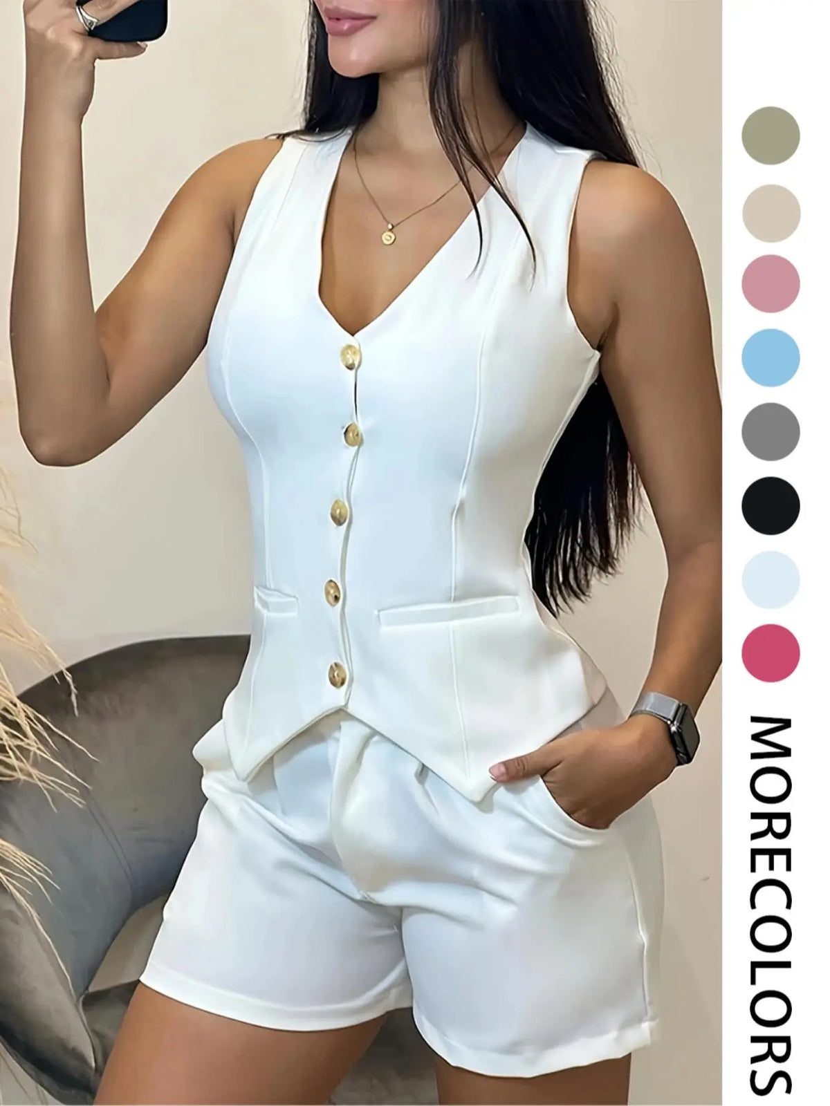 Women's Solid Color Fitted Suit Vest & Shorts, Casual Minimalist Sleeveless Top & Shorts for Daily Wear, Ladies Clothes for All Seasons, Office Siren Outfits, Summer Outfit, Chic, Sleeveless Vest Set, Co Ord Set, Womenswear, Fashion Clothing Set
