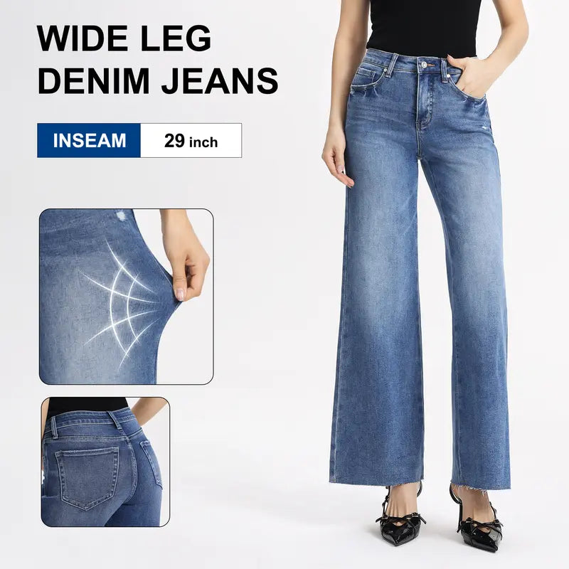 Freya ONESO Women Mid Rise High Stretchy BBL Jeans Butt Lifting Wide Leg Raw Hem Denim Pants Tummy Control Spring Basic Minimalist Woman Denim Bottom Comfortable Denim Jeans OSW8019 Plus Size Regular Size Fashion Daily Outfits DIY Inseams #SummerVibes